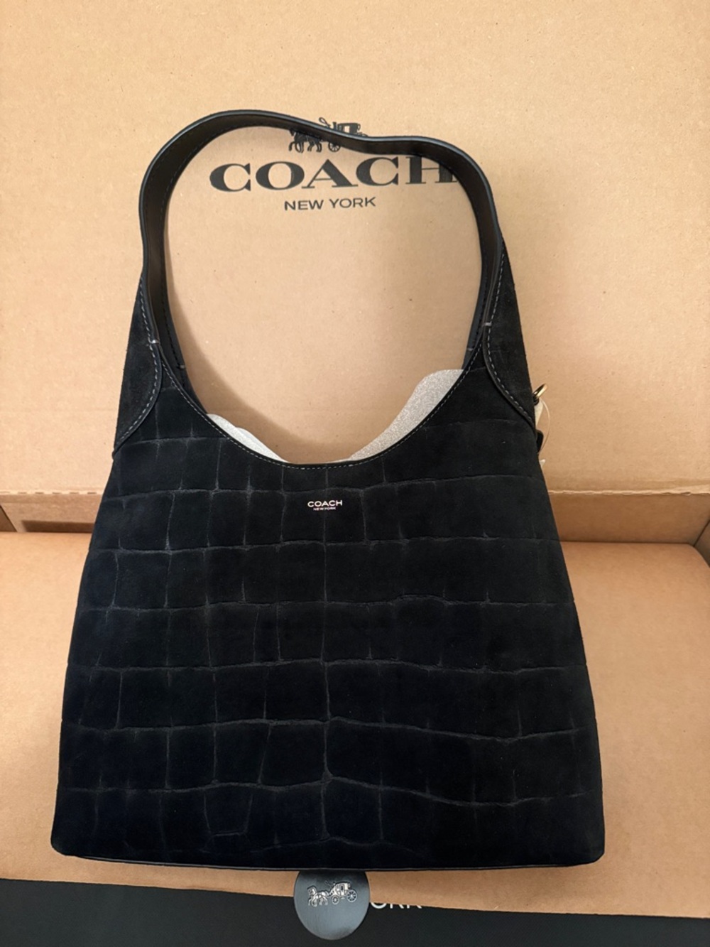 🖤 Coach NWT Black Suede Crocodile Embossed Coach Brooklyn Shoulder Bag - Picture 3 of 6